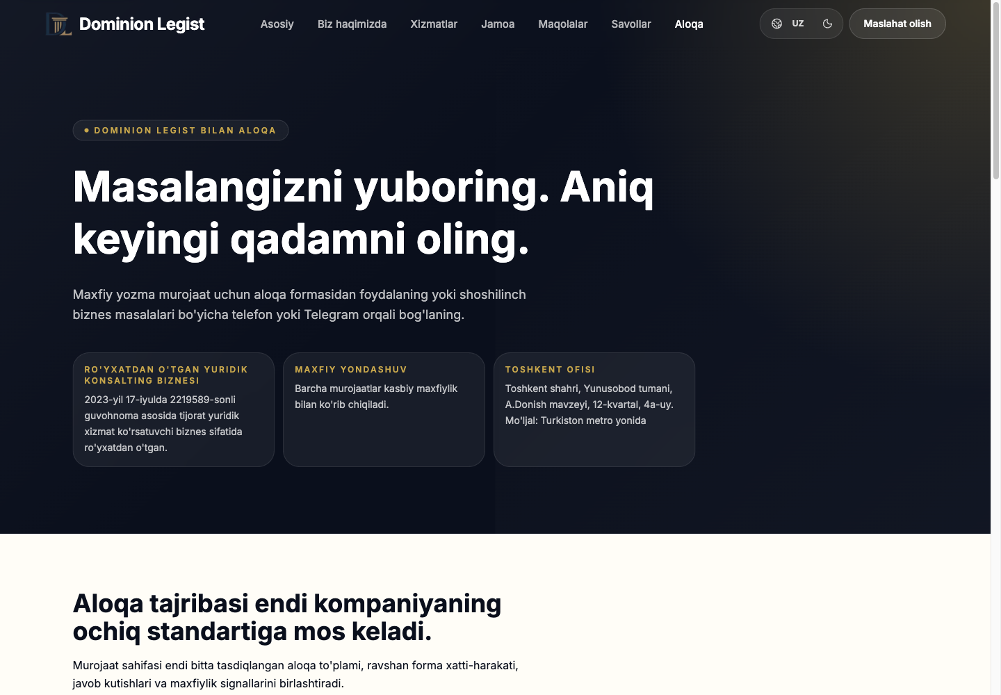 Dominion Legist contact page introducing its confidential inquiry standard