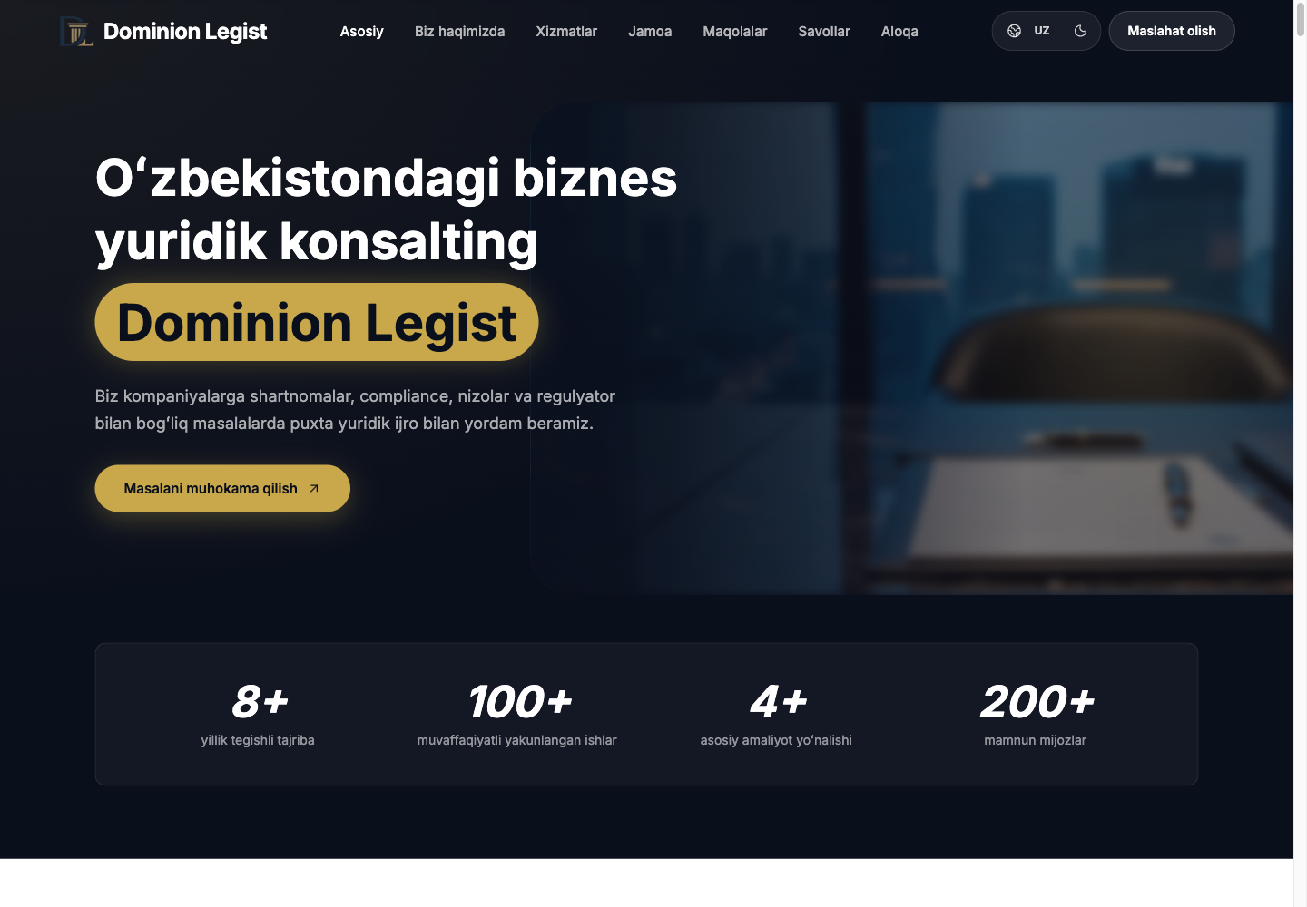 Dominion Legist Uzbek homepage with the current brand, positioning, and consultation call to action