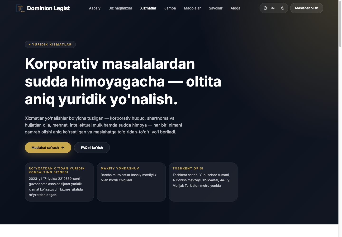 Dominion Legist services page defining six legal practice areas