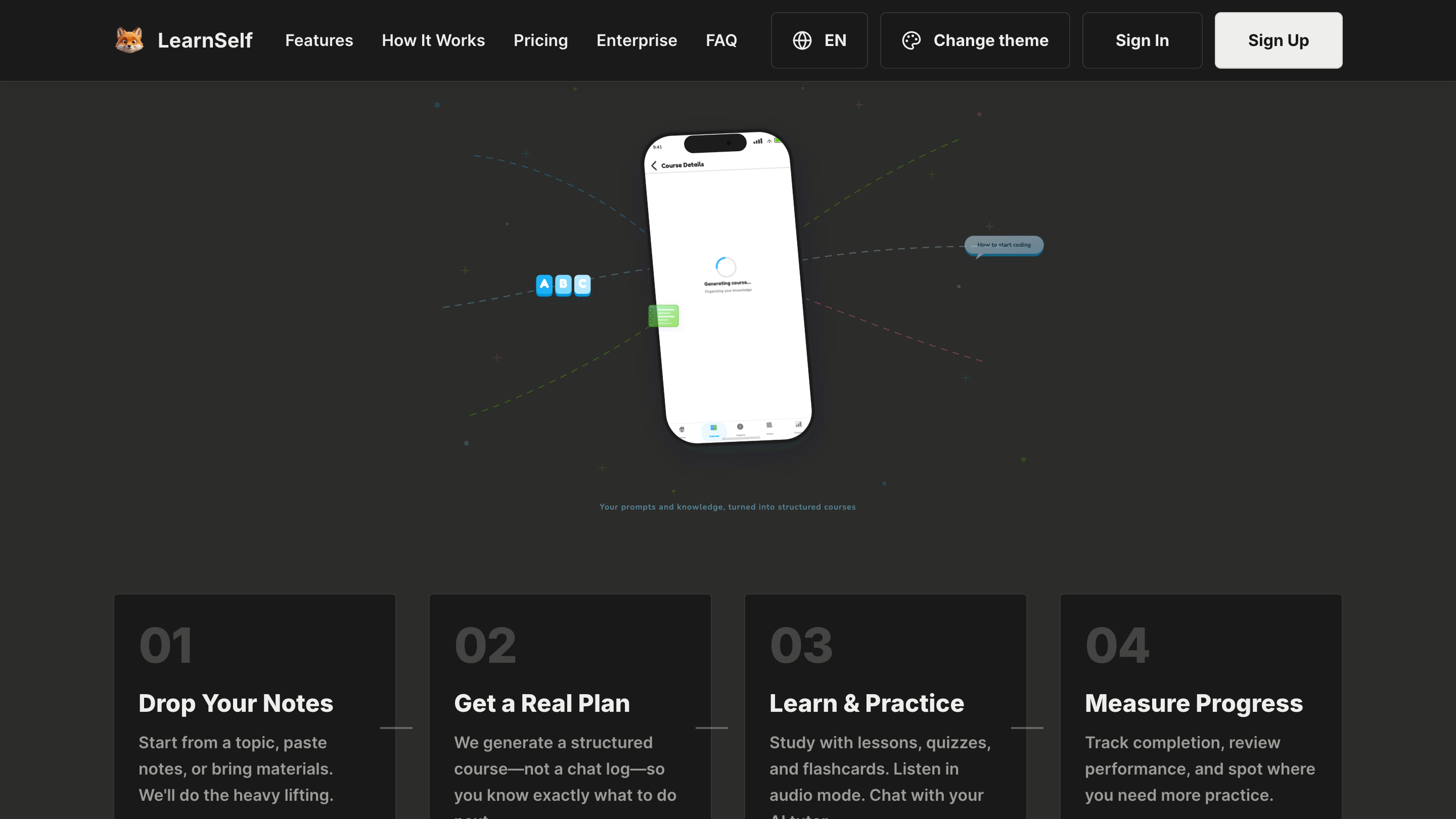 LearnSelf deployed course-generation flow with mobile preview and learning steps
