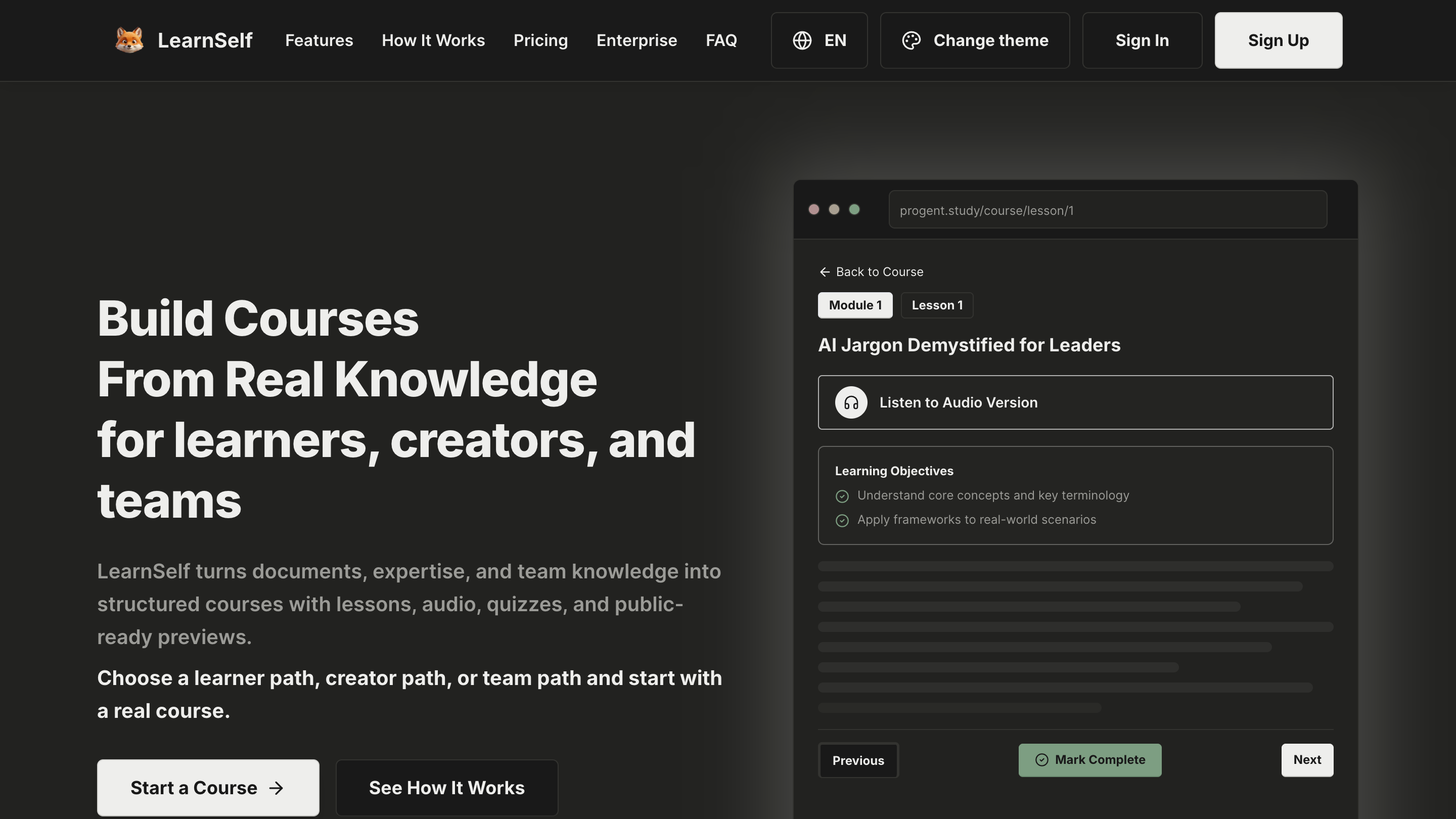 LearnSelf deployed homepage showing generated lesson structure and audio controls