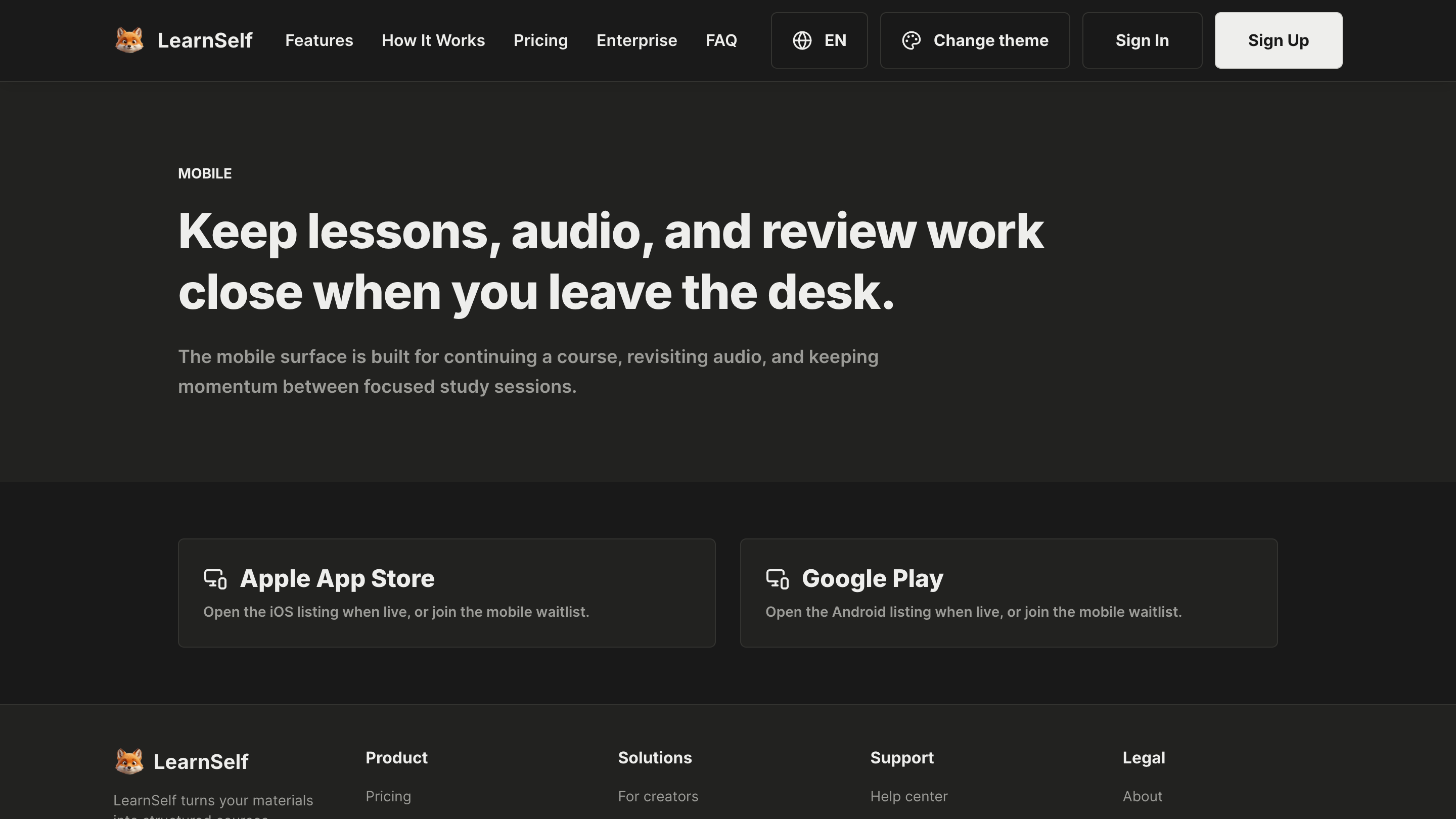 LearnSelf deployed mobile page for iOS and Android study flows