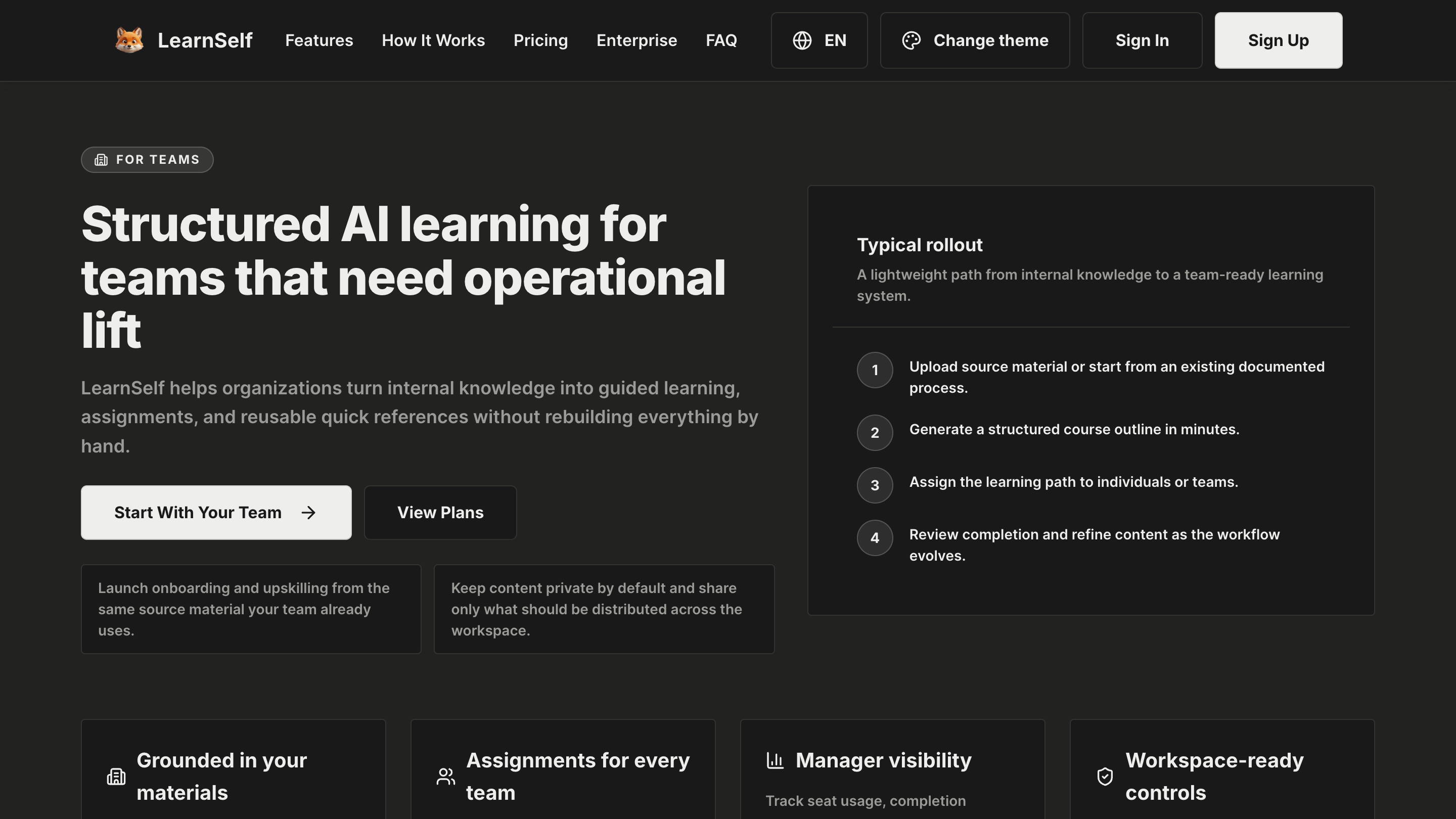 LearnSelf deployed team workspace page showing rollout steps and assignment workflow